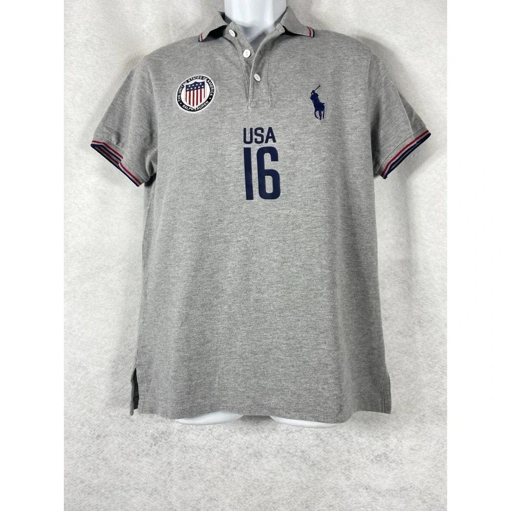 Polo Ralph Lauren Polo Shirt Men's M Gray Team USA 16 American Flag Custom Fit